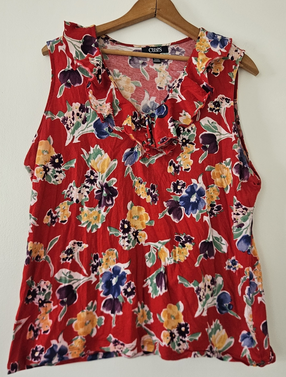 Chaps Womens Tank Top XXL Red Floral Boho Ruffle Cottage Tropical Cotton Peasant